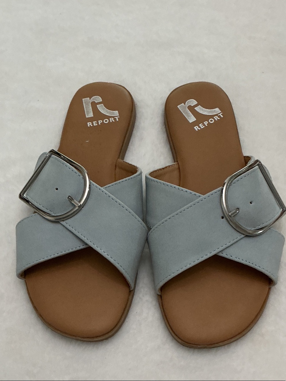 Report Light Blue Crisscross Buckle Slide Sandals